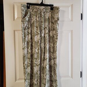Robert Louis Palazzo Pull-On Stretch Pants Green/White Tropical Print Sz XL NWOT